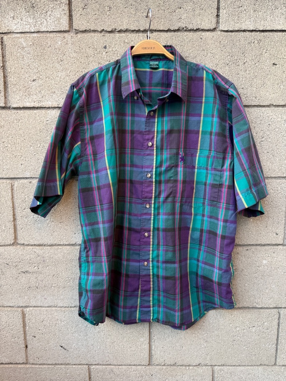 Men's Short-Sleeve Plaid Shirt in Teal & Purple
